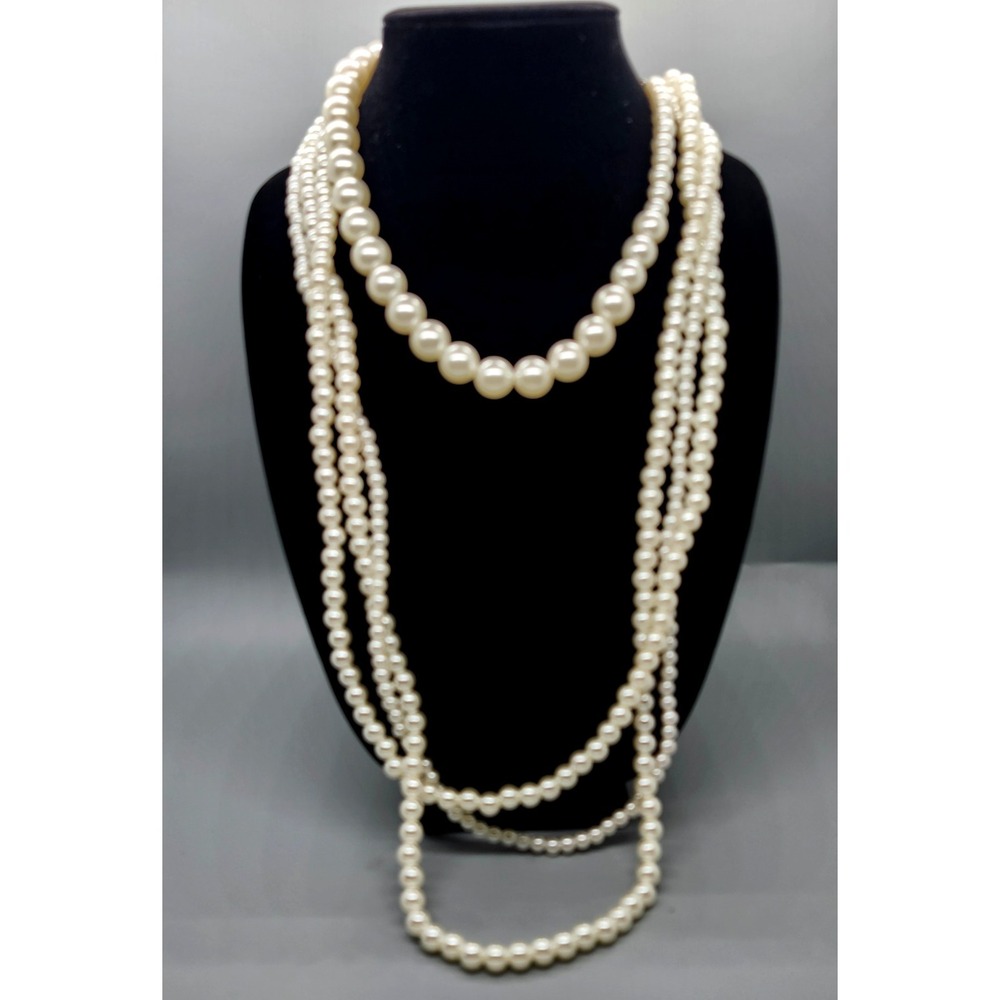 Womens Multi Strand Faux Pearl Layered Necklace Cream Beaded Tiered Statement